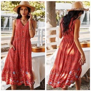 New! Breezy floral red dress with pockets
